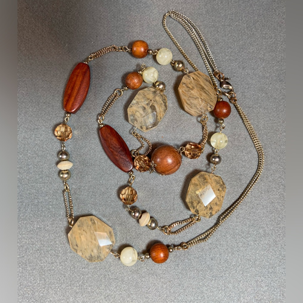 Mixed Media Necklace wood, stone, pearl 20” Long